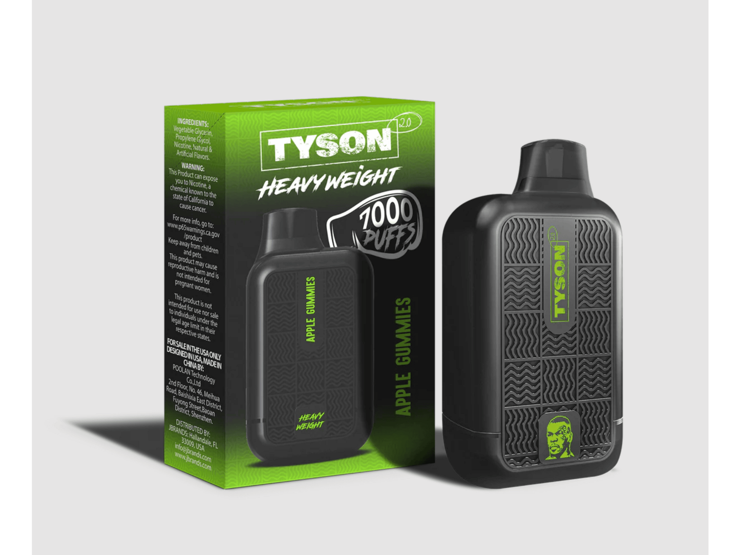 Tyson Heavyweight Apple Gummies flavored disposable vape device and box.