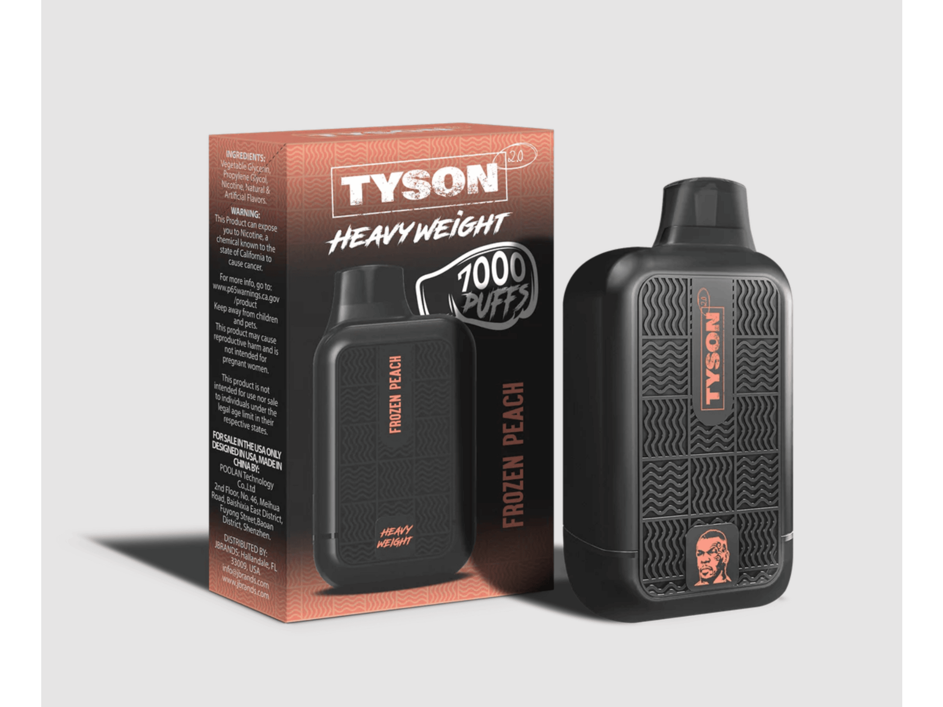 Tyson Heavyweight Frozen Peach flavored disposable vape device and box.