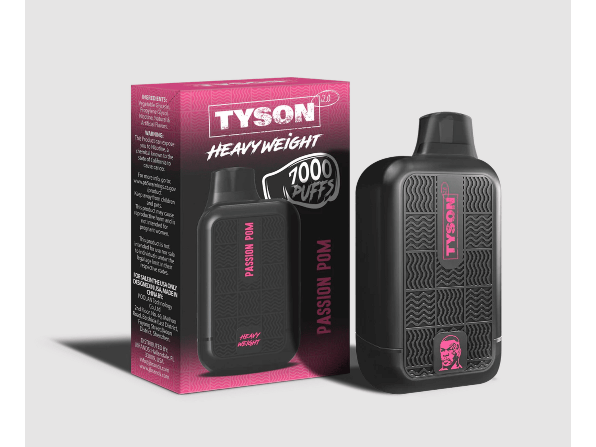 Tyson Heavyweight Passion Pom flavored disposable vape device and box.