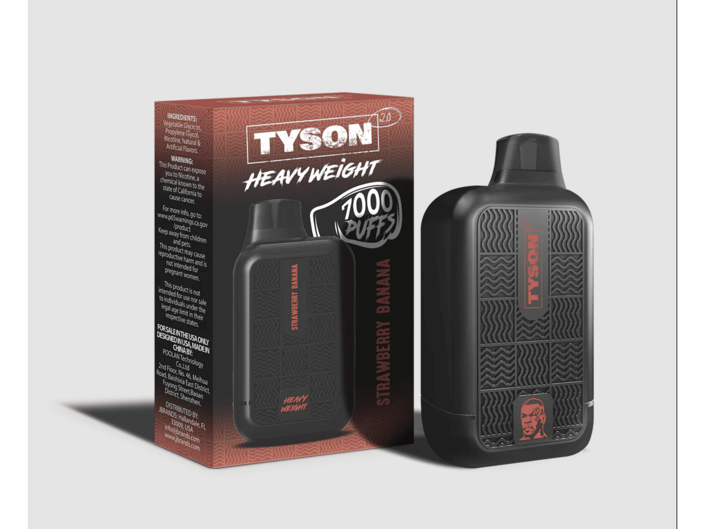 Tyson Heavyweight Strawberry Banana flavored disposable vape device and box.