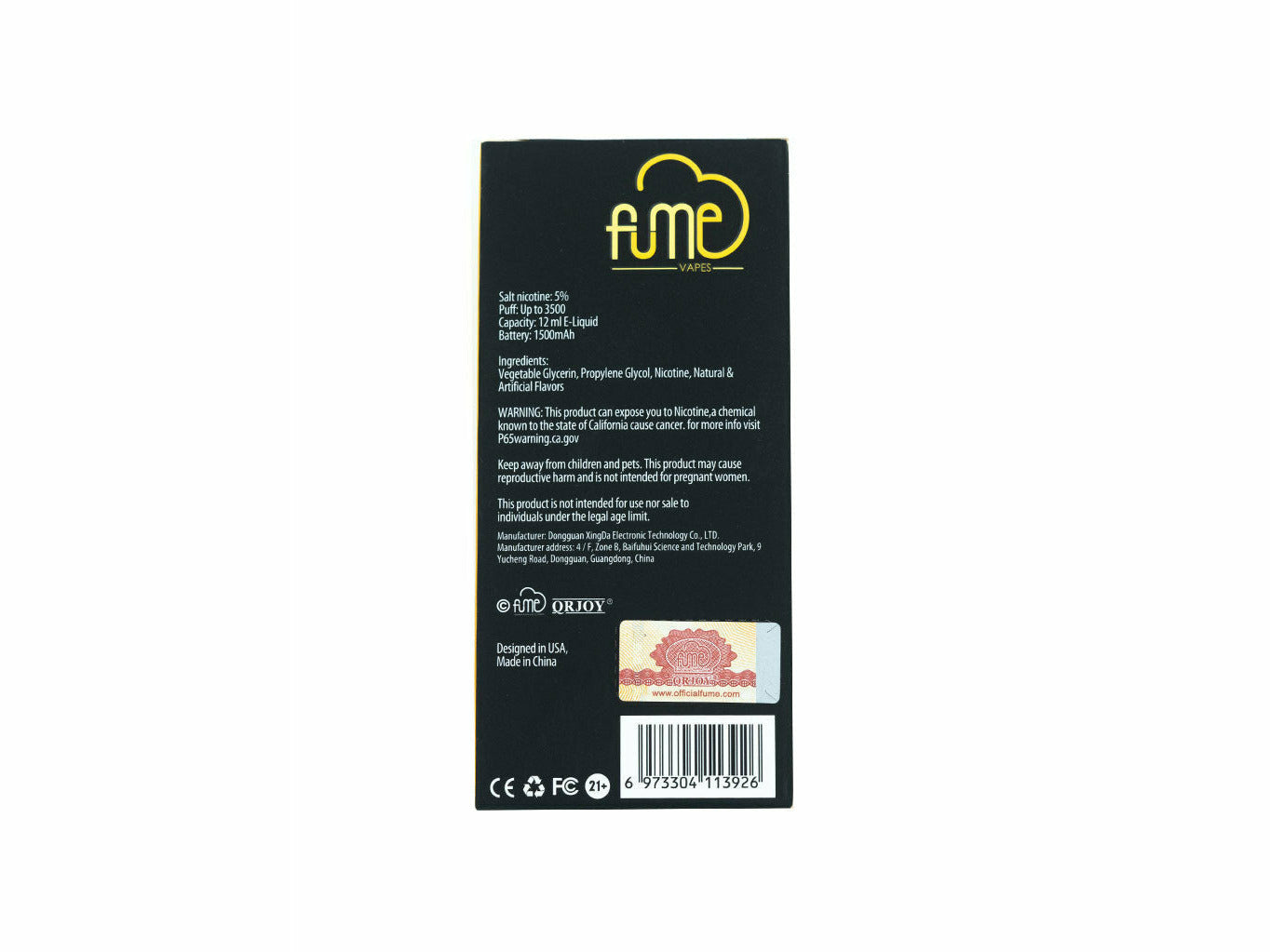 Fume Banana Ice Infinity disposable, back package description information