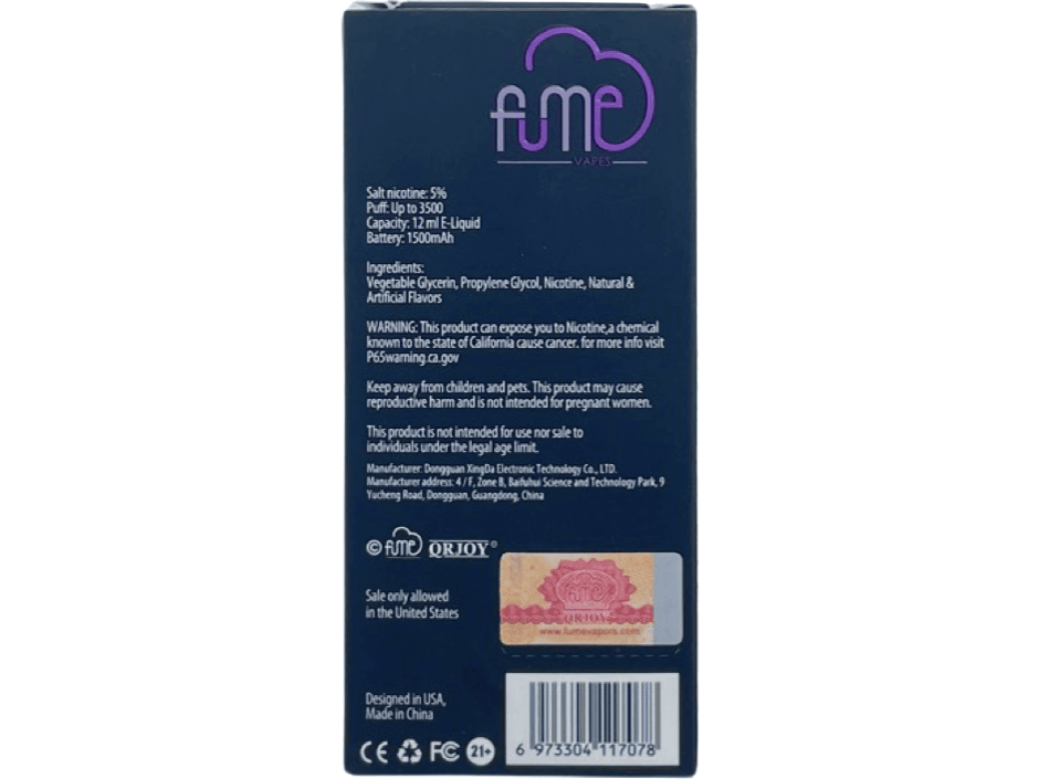 Fume Infinity Grape Ice Flavor - Disposable vape Back packaging 3500 puffs