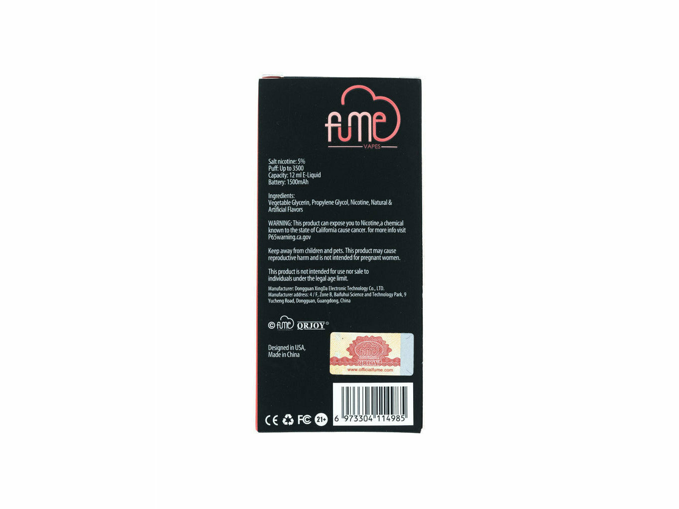 Fume Lychee Ice Infinity disposable, back package description