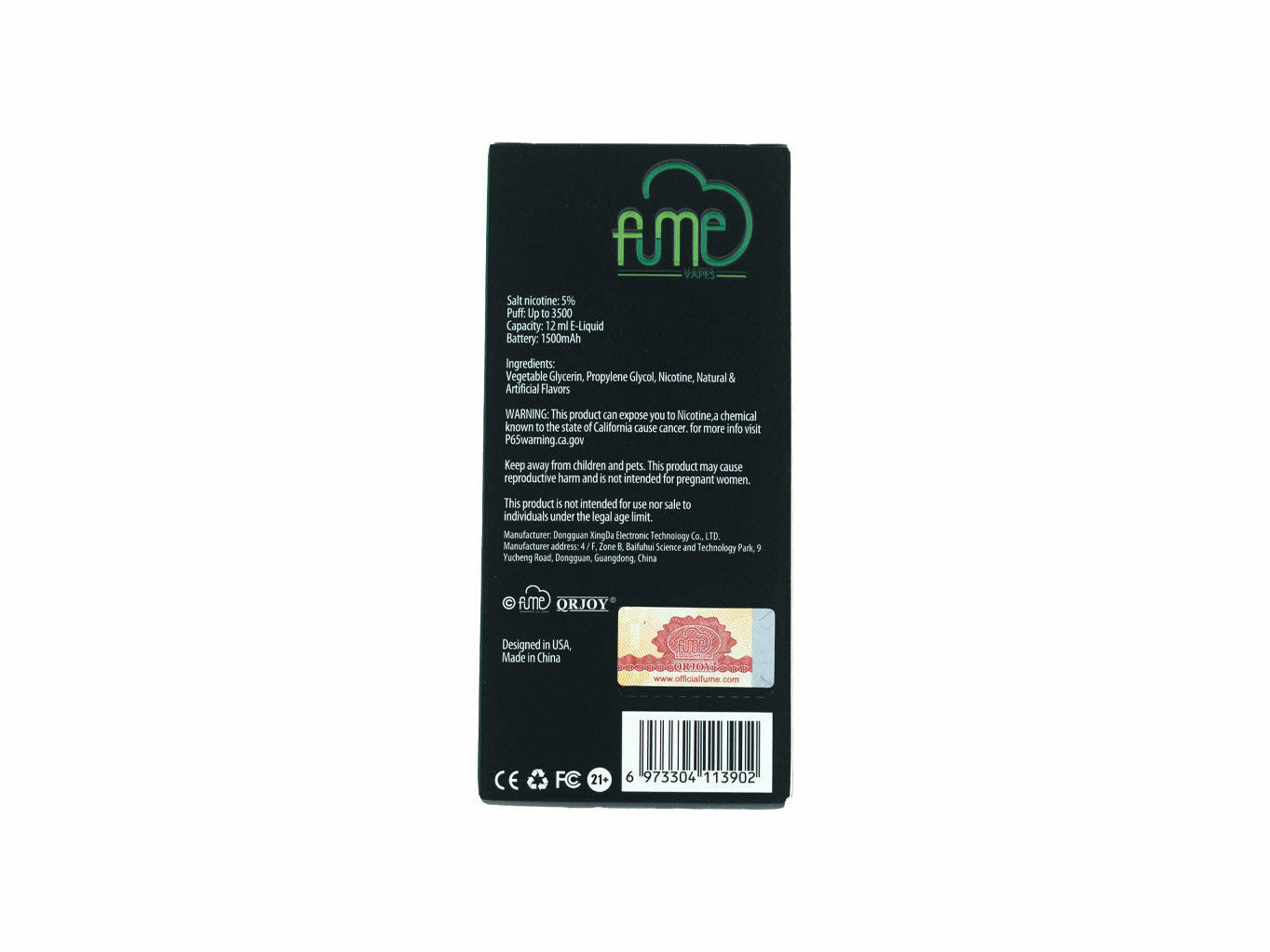 Fume Mint Ice Infinity disposable, back package description