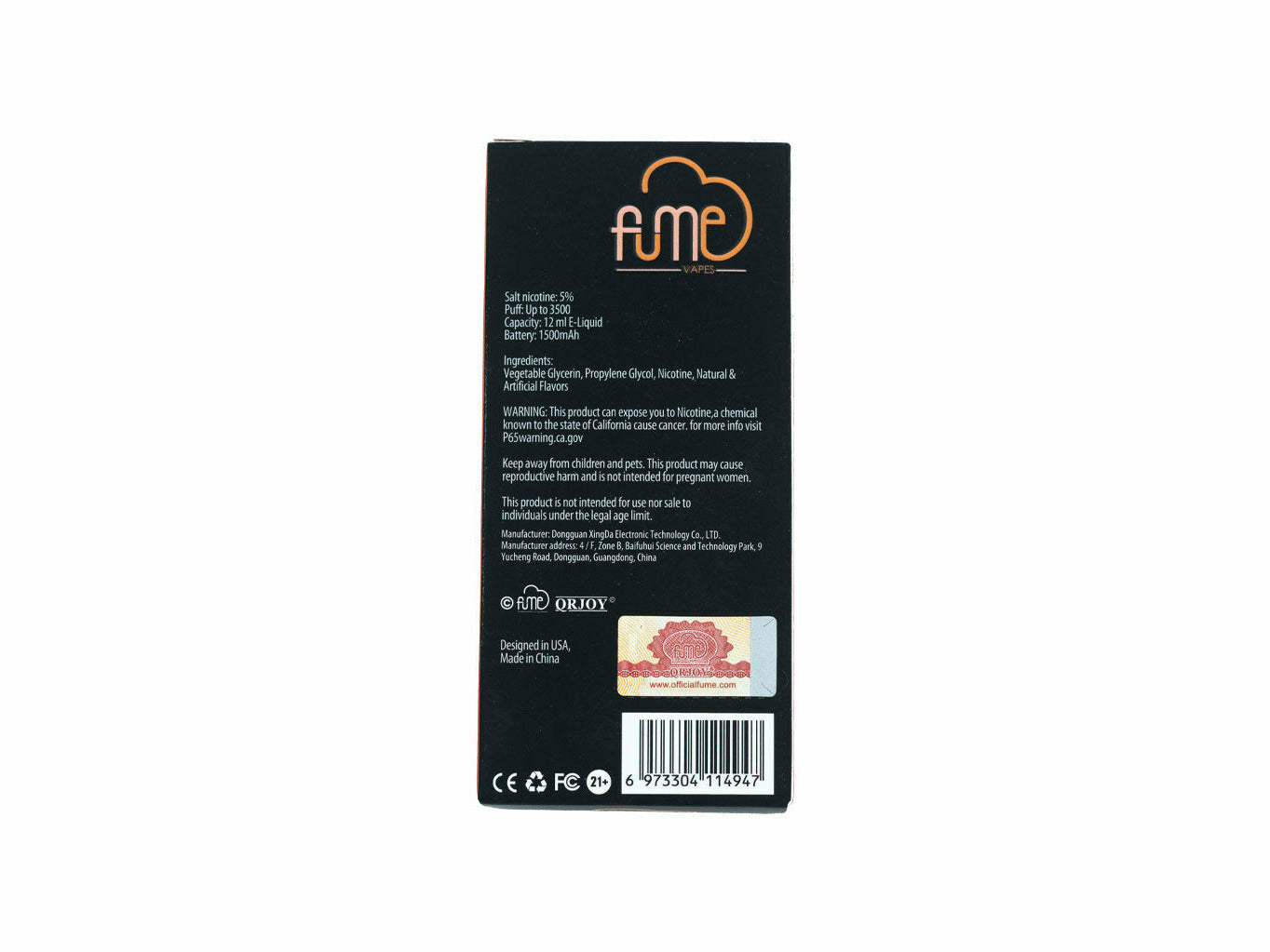 Fume Peach Ice Infinity disposable, back package description