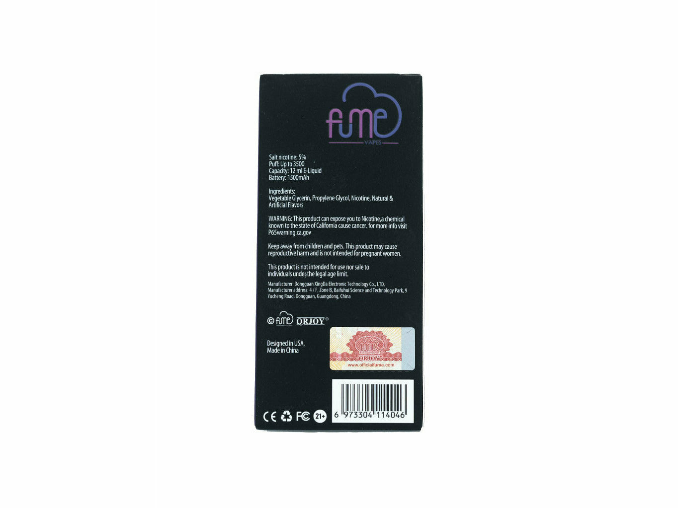 Fume Purple Rain Infinity disposable, back package description